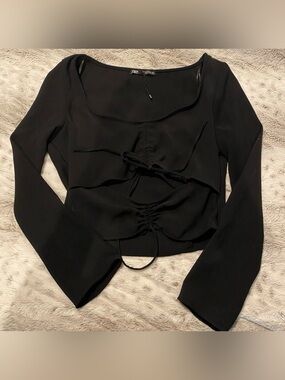 ZARA Long Sleeve Top w/ Front Cutout & Tie Details, Black - M